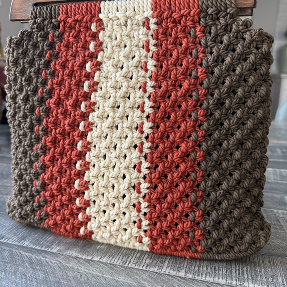 Vintage Handmade Crochet Tote with Wooden Handle - Picture 3 of 6